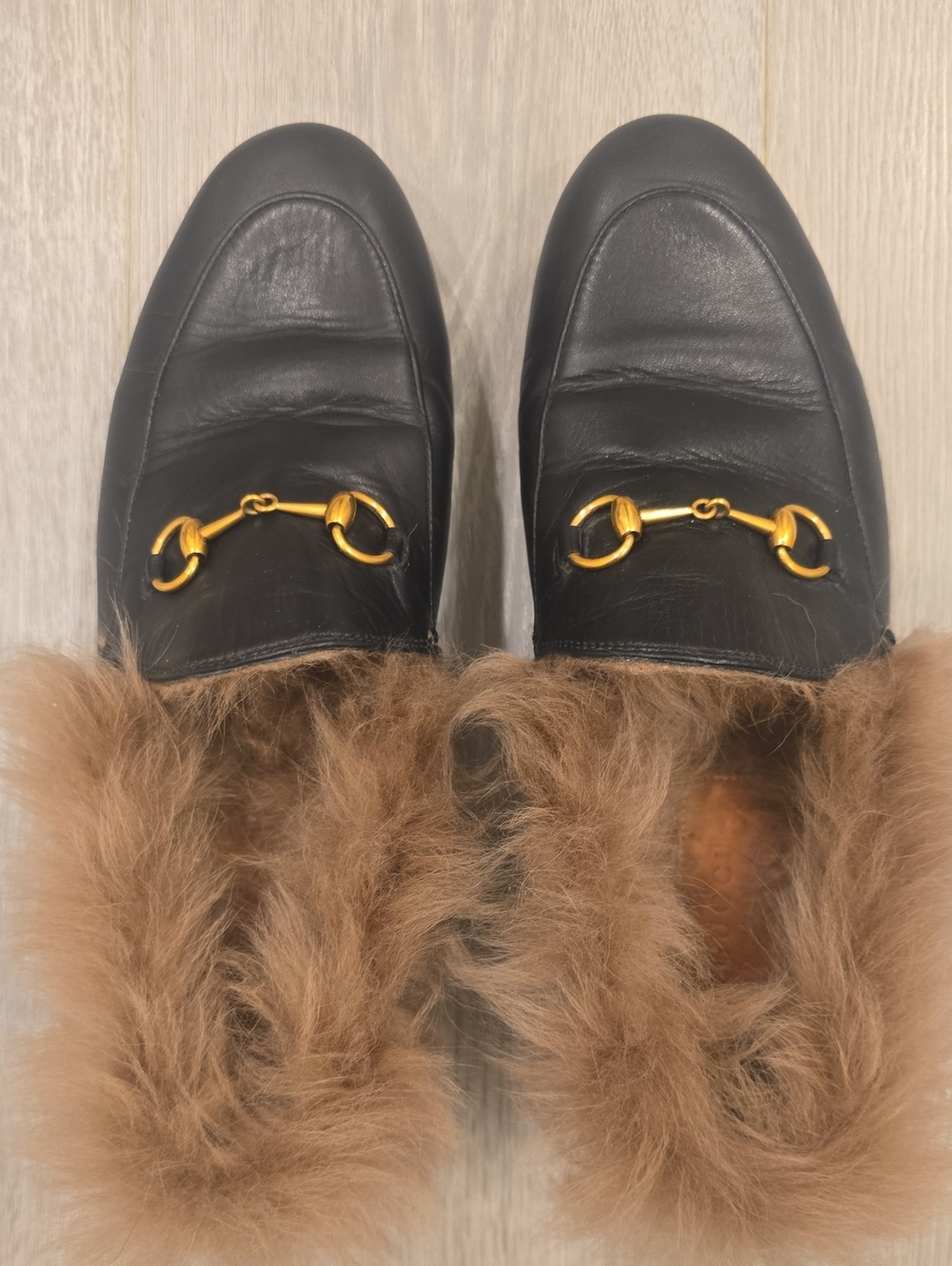 Gucci Black Leather Fur-Lined Horsebit Loafers